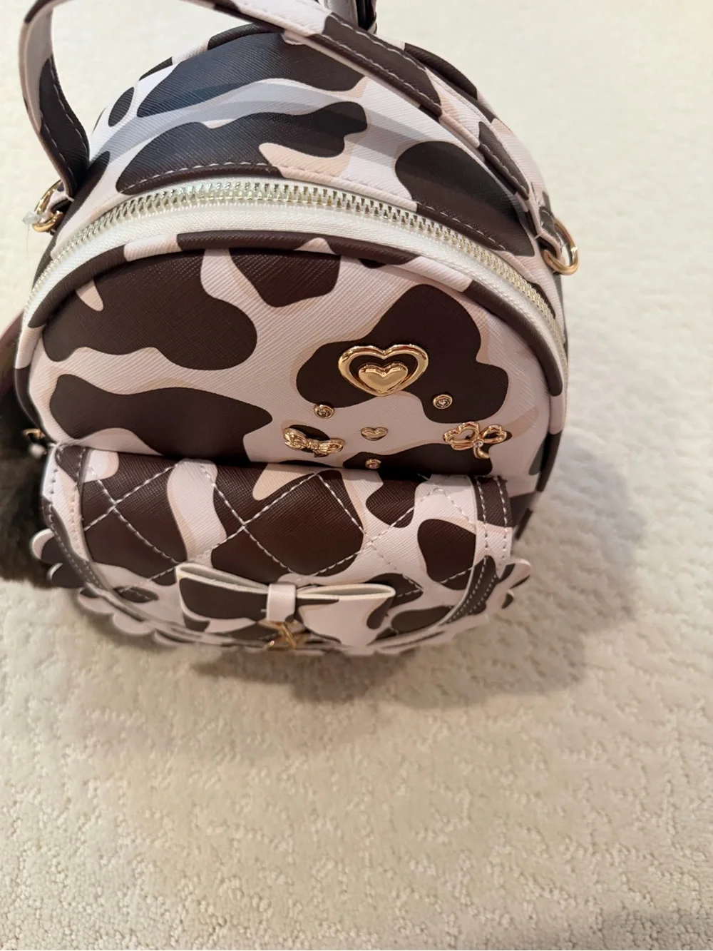 Mini Backpack Brown & White with Heart  charm and Gold Accents by Undetonesky